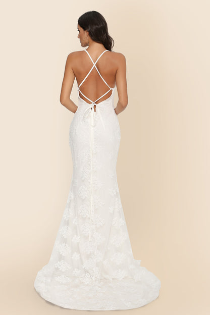 Lace Gown | V Neck Backless Dress with Train | noémi