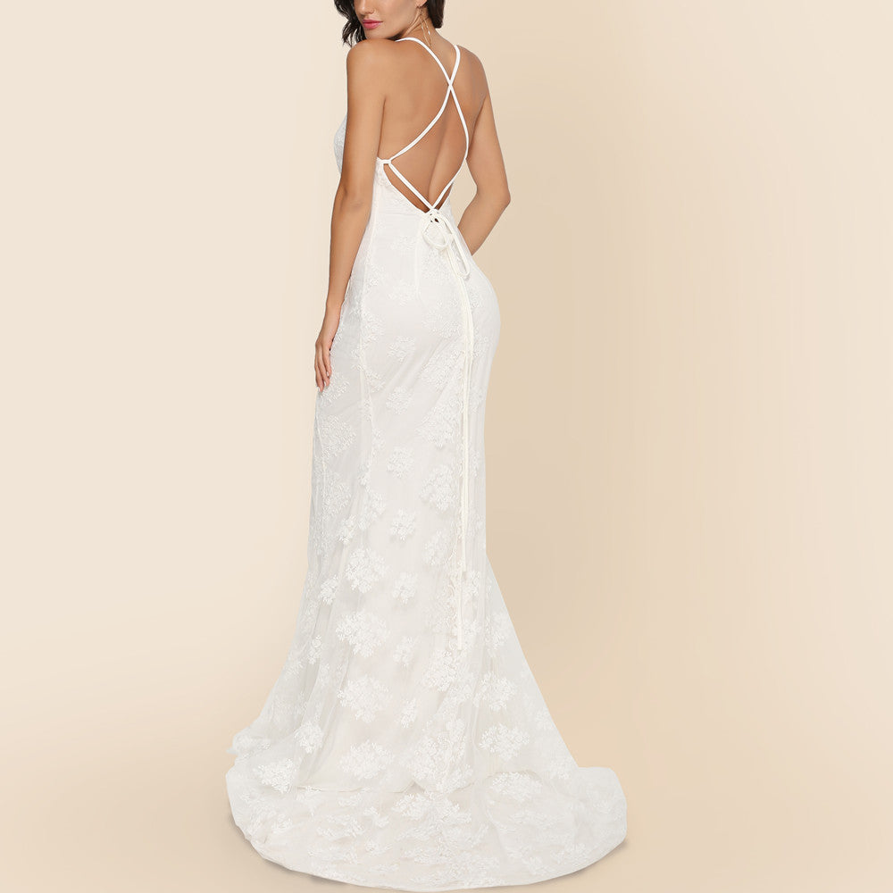 Lace Gown | V Neck Backless Dress with Train | noémi