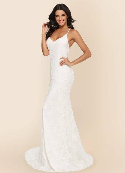 Lace Gown | V Neck Backless Dress with Train | noémi