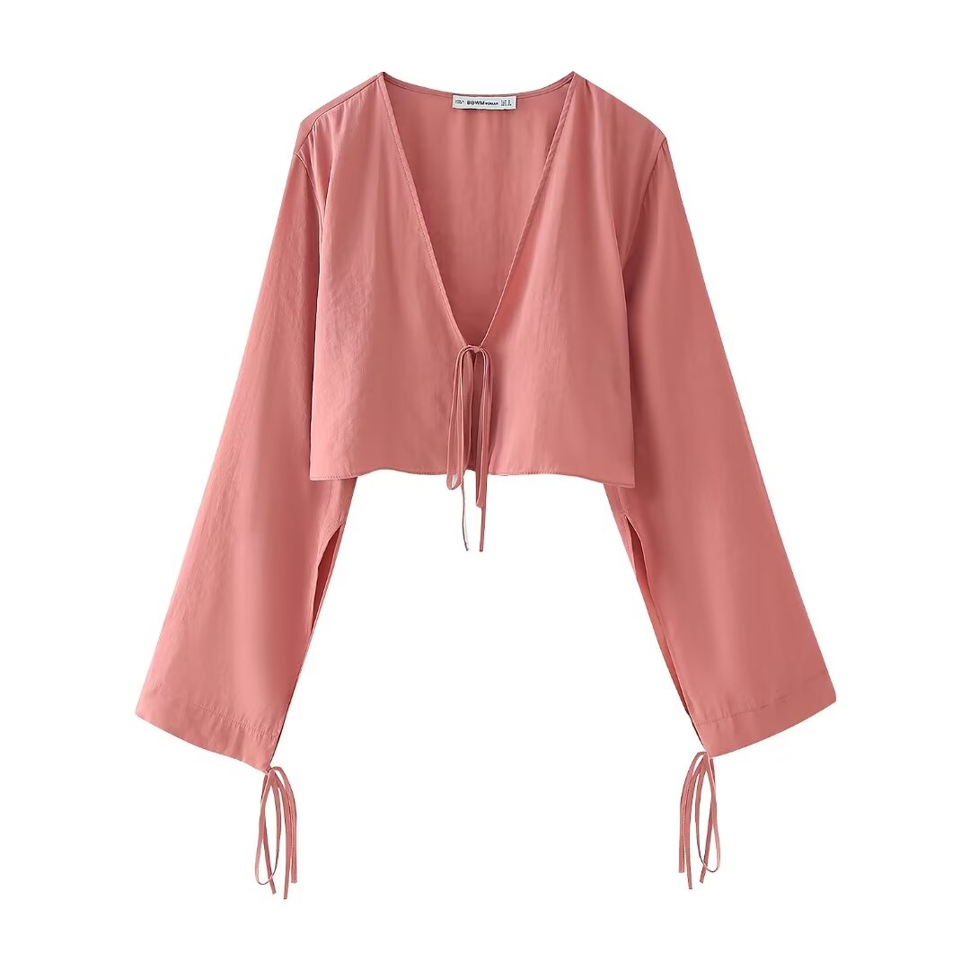 Bow Tie VNeck Draped Blouse | Cropped Long Sleeve Top | noémi