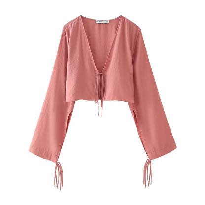 Bow Tie VNeck Draped Blouse | Cropped Long Sleeve Top | noémi