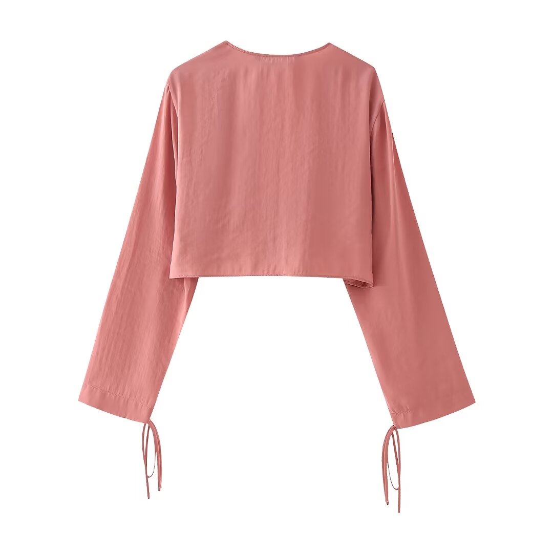 Bow Tie VNeck Draped Blouse | Cropped Long Sleeve Top | noémi