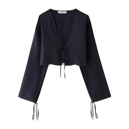 Bow Tie VNeck Draped Blouse | Cropped Long Sleeve Top | noémi