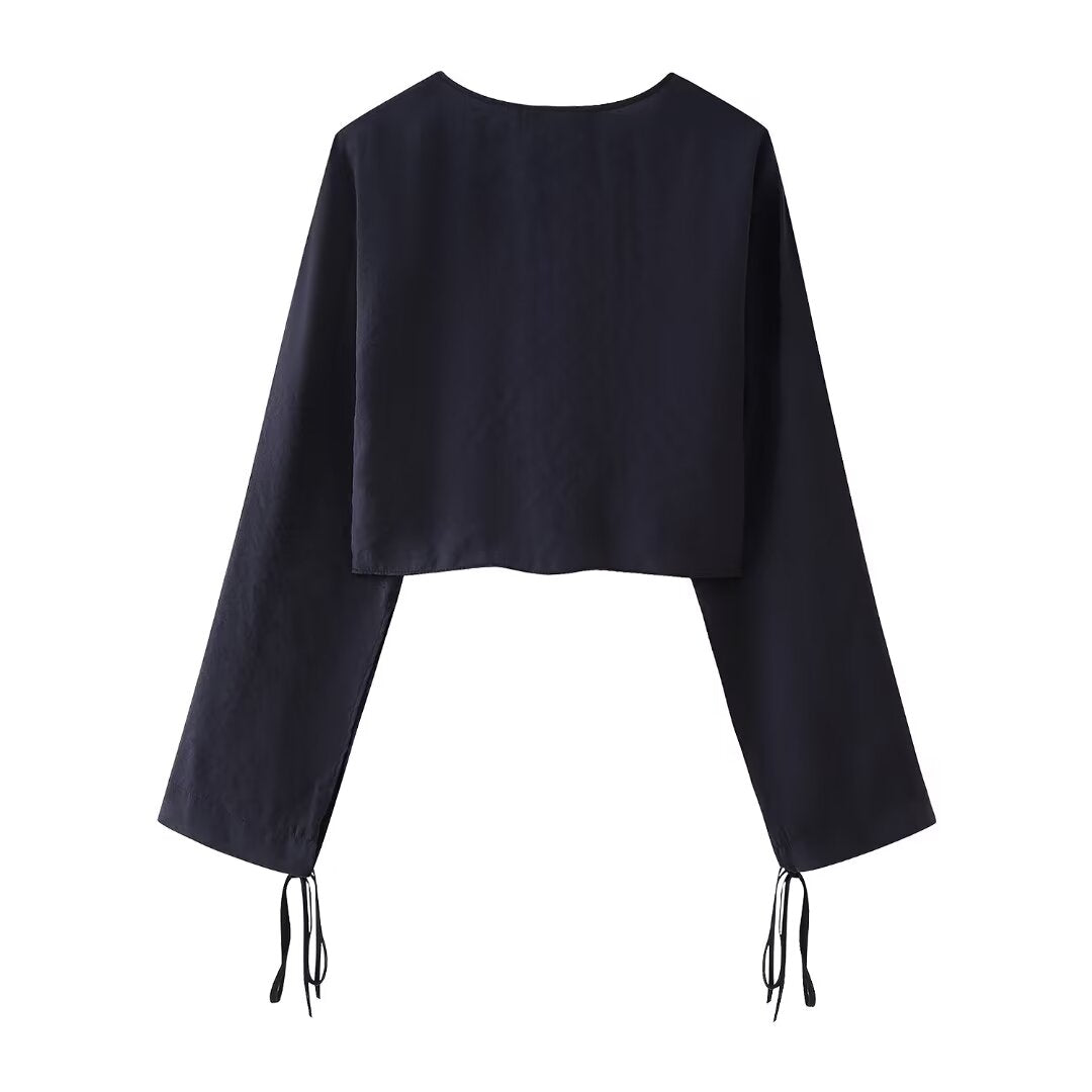 Bow Tie VNeck Draped Blouse | Cropped Long Sleeve Top | noémi