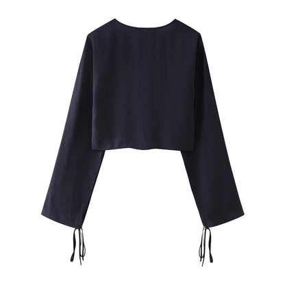 Bow Tie VNeck Draped Blouse | Cropped Long Sleeve Top | noémi