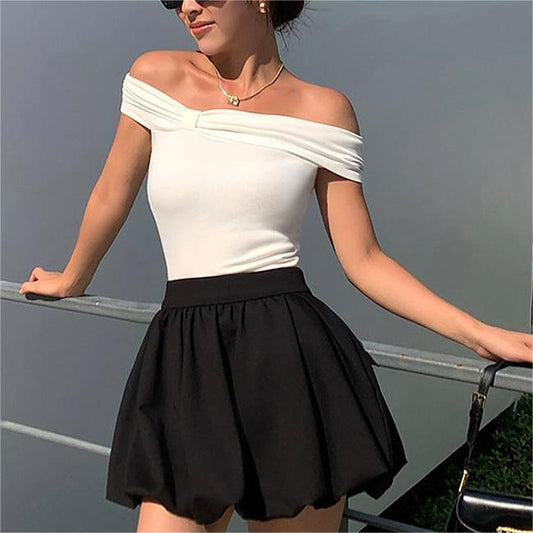 Off Shoulder Twist Front Top | Slim Fit Bardot Tee in Black or White | noémi