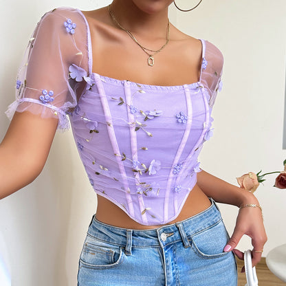 Lavender Floral Mesh Corset Top | Puff Sleeves, Embroidered Flower Detail, Square Neck | noémi