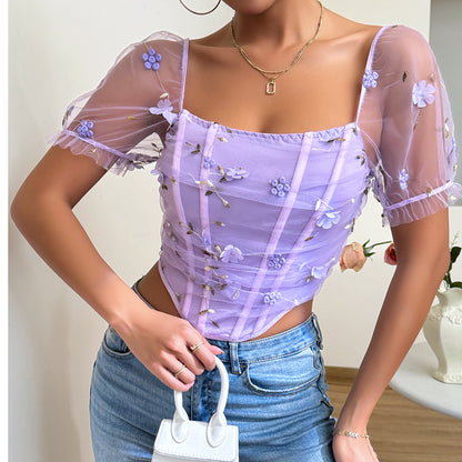 Lavender Floral Mesh Corset Top | Puff Sleeves, Embroidered Flower Detail, Square Neck | noémi