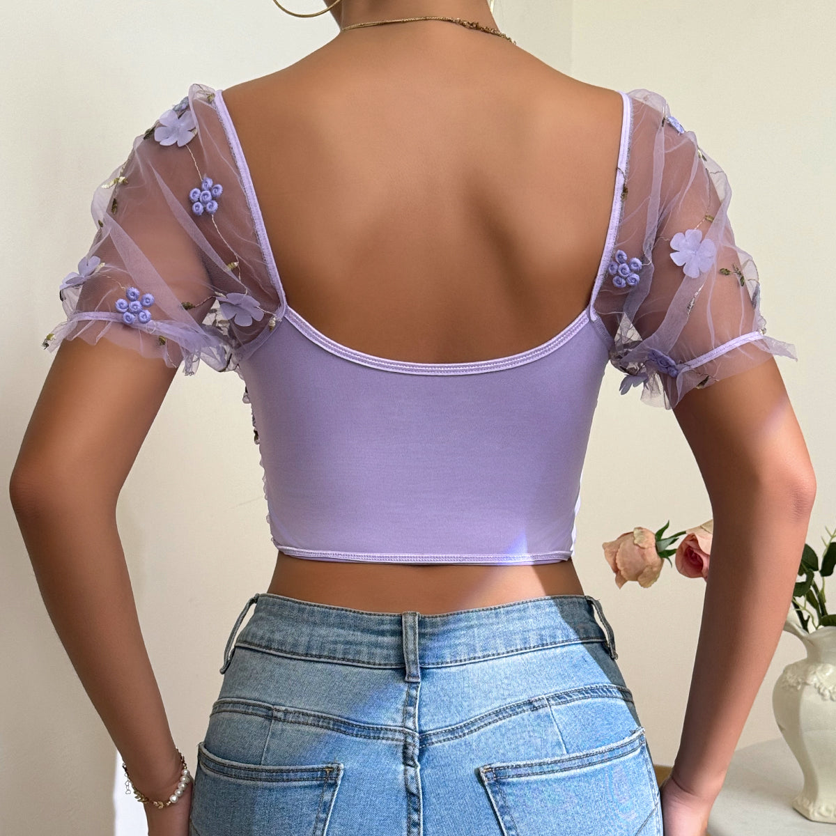 Lavender Floral Mesh Corset Top | Puff Sleeves, Embroidered Flower Detail, Square Neck | noémi
