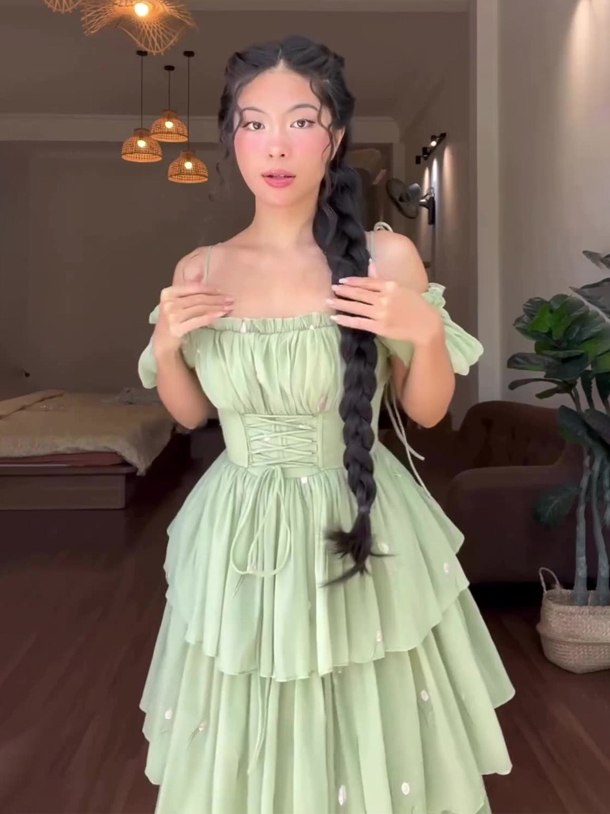 Mesh Tulle | Cinched Waist | Tiered Layers | Strap Dress | Midi Length | noémi