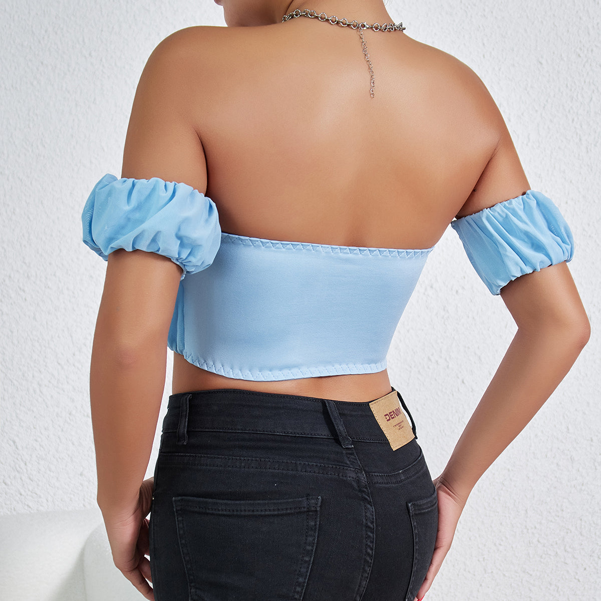 Blue Pleated Off Shoulder Crop Top | Backless Small Blouse for Women | noémi