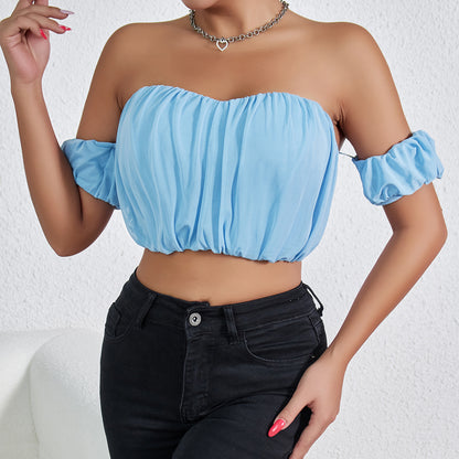 Blue Pleated Off Shoulder Crop Top | Backless Small Blouse for Women | noémi