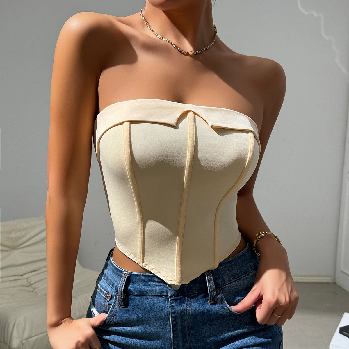 Strapless Corset Top | Cream Sculpted Bustier with Structured Boning | noémi