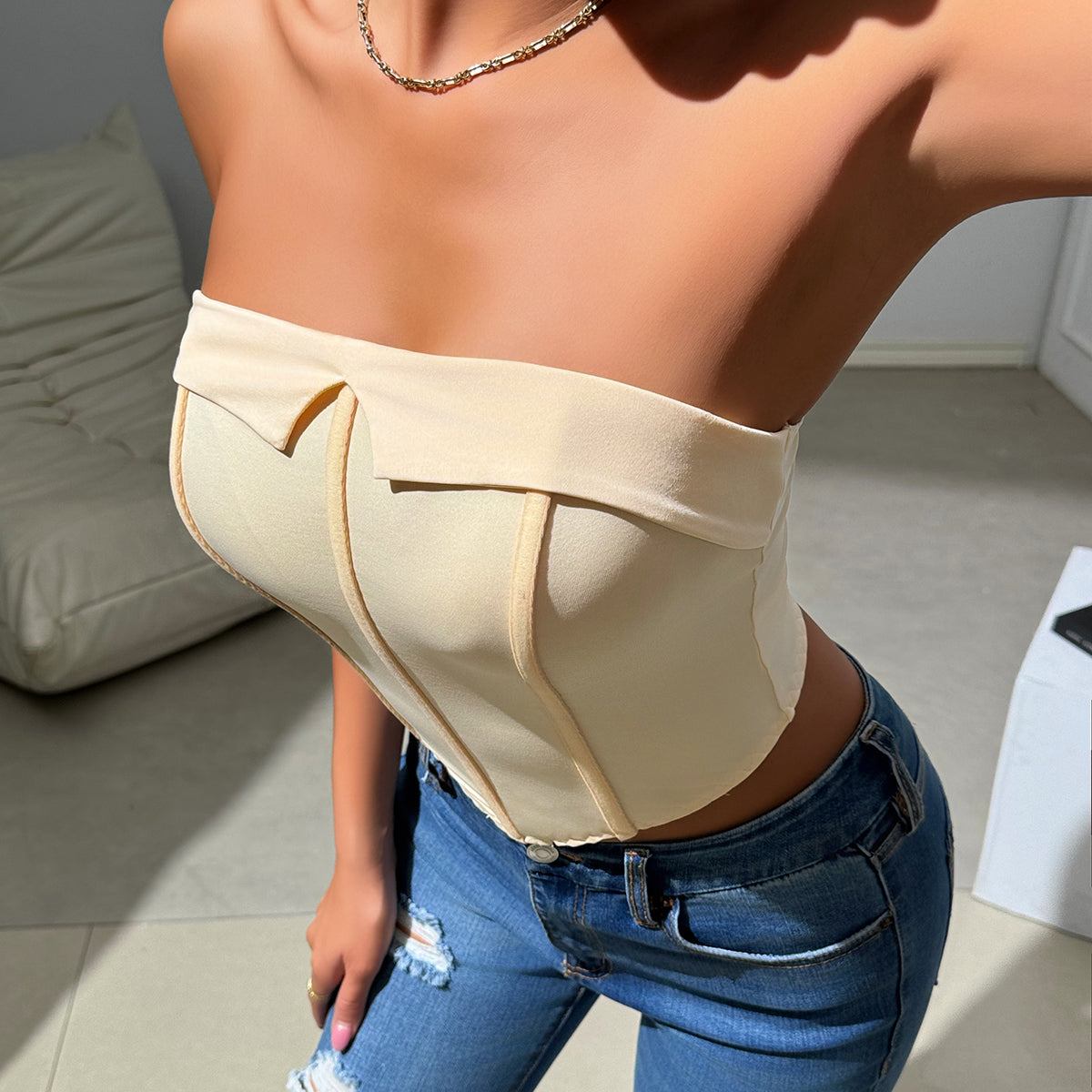Strapless Corset Top | Cream Sculpted Bustier with Structured Boning | noémi