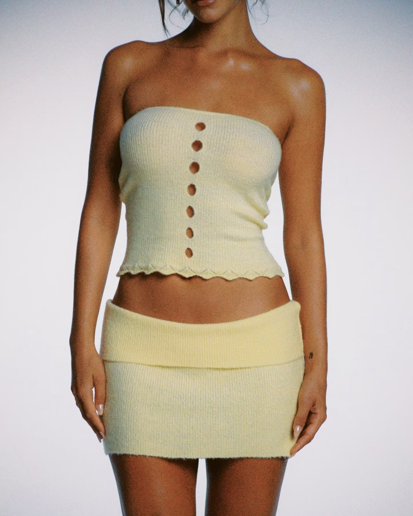 Knitted Three Piece Set | A Line Skirt Sheath Dress Hollow Out Black Cardigan with Flanged Wrap Chest Detail | noémi