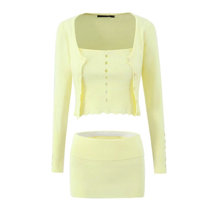 Knitted Three Piece Set | A Line Skirt Sheath Dress Hollow Out Black Cardigan with Flanged Wrap Chest Detail | noémi