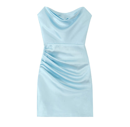 Ice Blue Satin Strapless Ruched Mini Dress | Bodycon Cocktail Party Dress | noémi