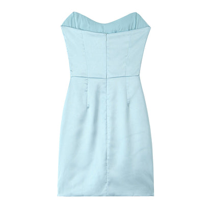 Ice Blue Satin Strapless Ruched Mini Dress | Bodycon Cocktail Party Dress | noémi