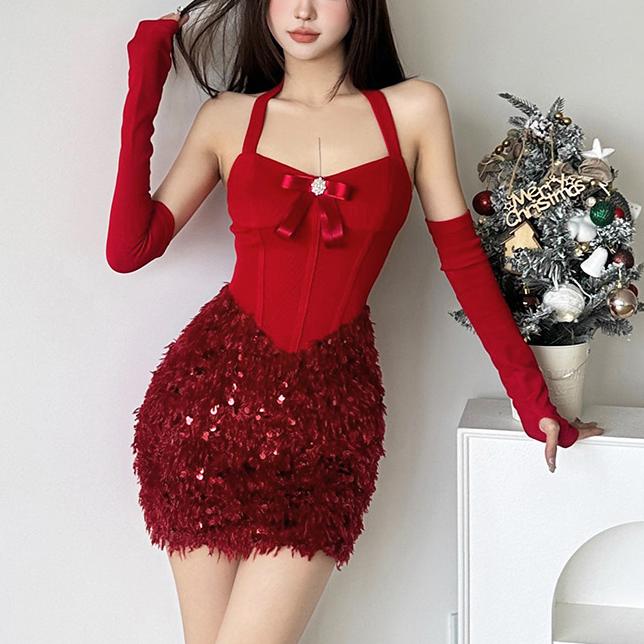 Backless Halter Dress with Bow Detail and Sequin Finish | noémi