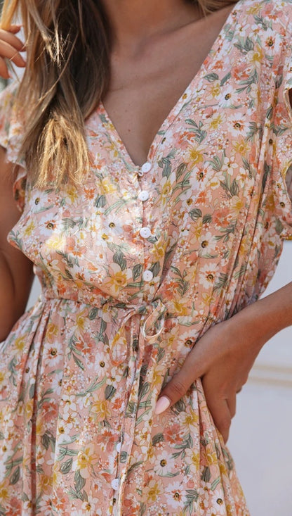 VNeck Floral Dress | Irregular Hem | Cinched Waist Tie | noémi