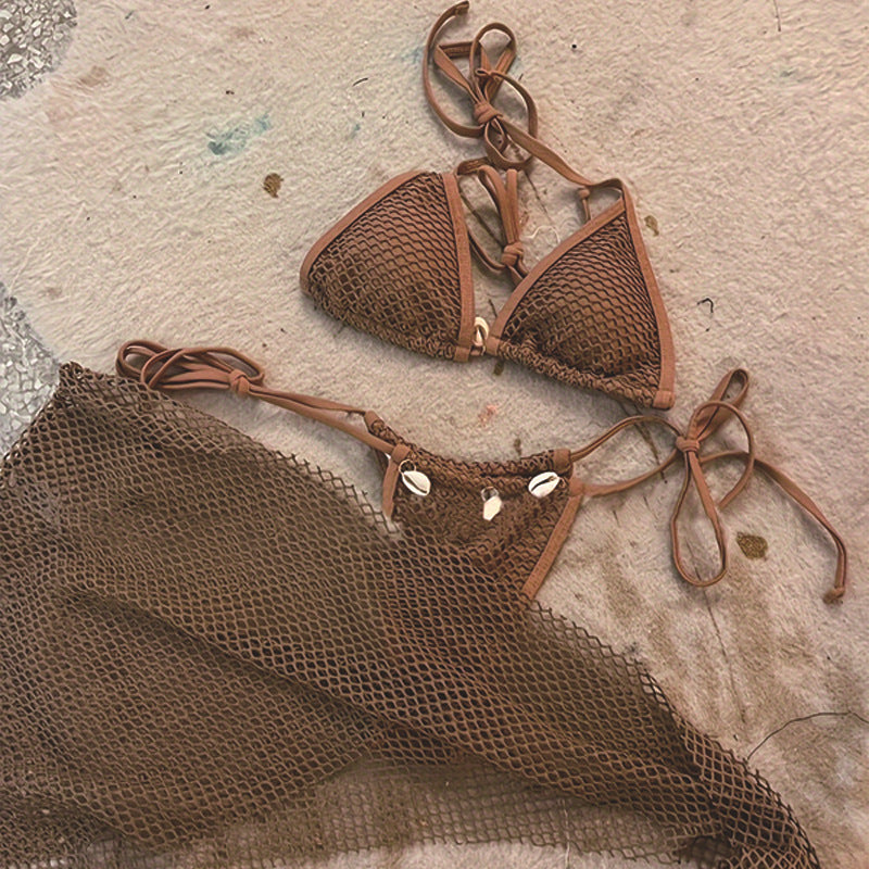 Three Piece Solid Color Bikini Set with Mesh Cover Up Dress | noémi