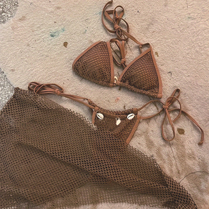 Three Piece Solid Color Bikini Set with Mesh Cover Up Dress | noémi