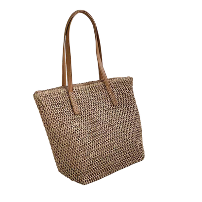 Large-Capacity Straw Shoulder Tote Bag – Hand-Woven Natural Brown | noémi
