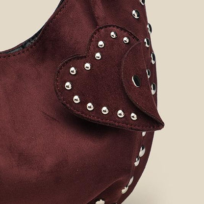 Suede Crescent Bag | Rivet Detail, Frosted Finish, Crossbody & Shoulder Tote | noémi