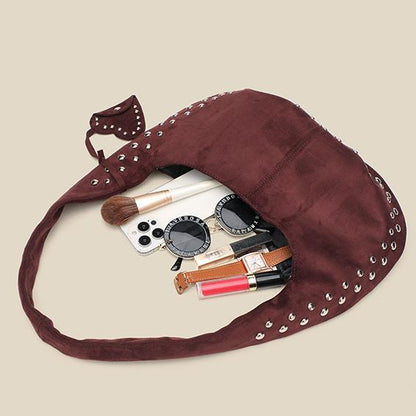 Suede Crescent Bag | Rivet Detail, Frosted Finish, Crossbody & Shoulder Tote | noémi