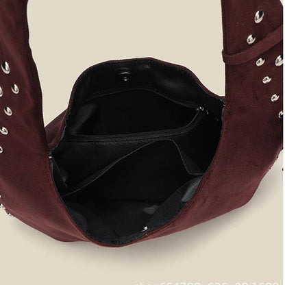 Suede Crescent Bag | Rivet Detail, Frosted Finish, Crossbody & Shoulder Tote | noémi