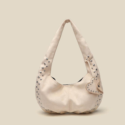 Suede Crescent Bag | Rivet Detail, Frosted Finish, Crossbody & Shoulder Tote | noémi