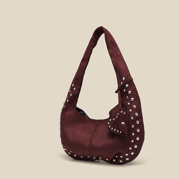 Suede Crescent Bag | Rivet Detail, Frosted Finish, Crossbody & Shoulder Tote | noémi