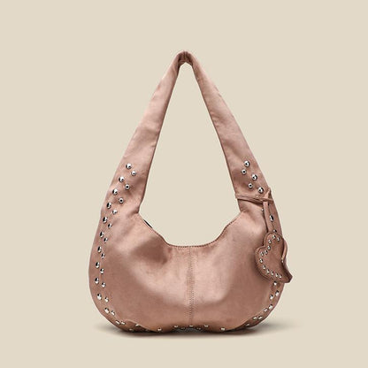 Suede Crescent Bag | Rivet Detail, Frosted Finish, Crossbody & Shoulder Tote | noémi