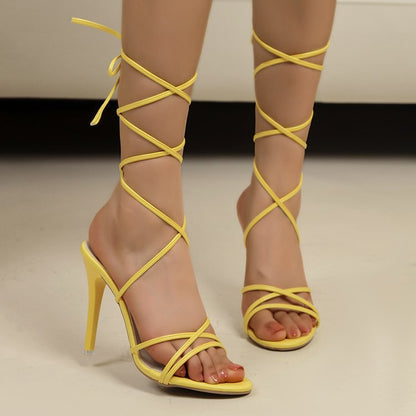 Strappy Yellow Lace Up Heels | Stiletto Sandals with Wrap Around Ankle Ties for Women | noémi