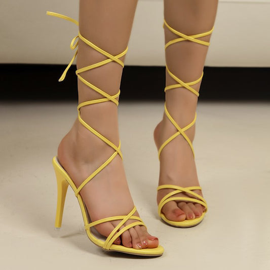 Strappy Yellow Lace Up Heels | Stiletto Sandals with Wrap Around Ankle Ties for Women | noémi