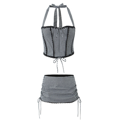 Womens Black & White Gingham Halter Corset Top & Drawstring Skirt Set | Two Piece Matching | noémi