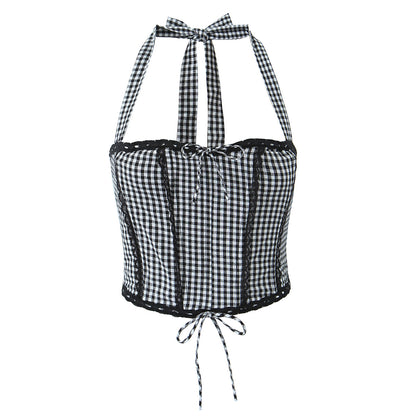 Womens Black & White Gingham Halter Corset Top & Drawstring Skirt Set | Two Piece Matching | noémi