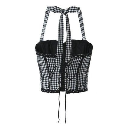 Womens Black & White Gingham Halter Corset Top & Drawstring Skirt Set | Two Piece Matching | noémi