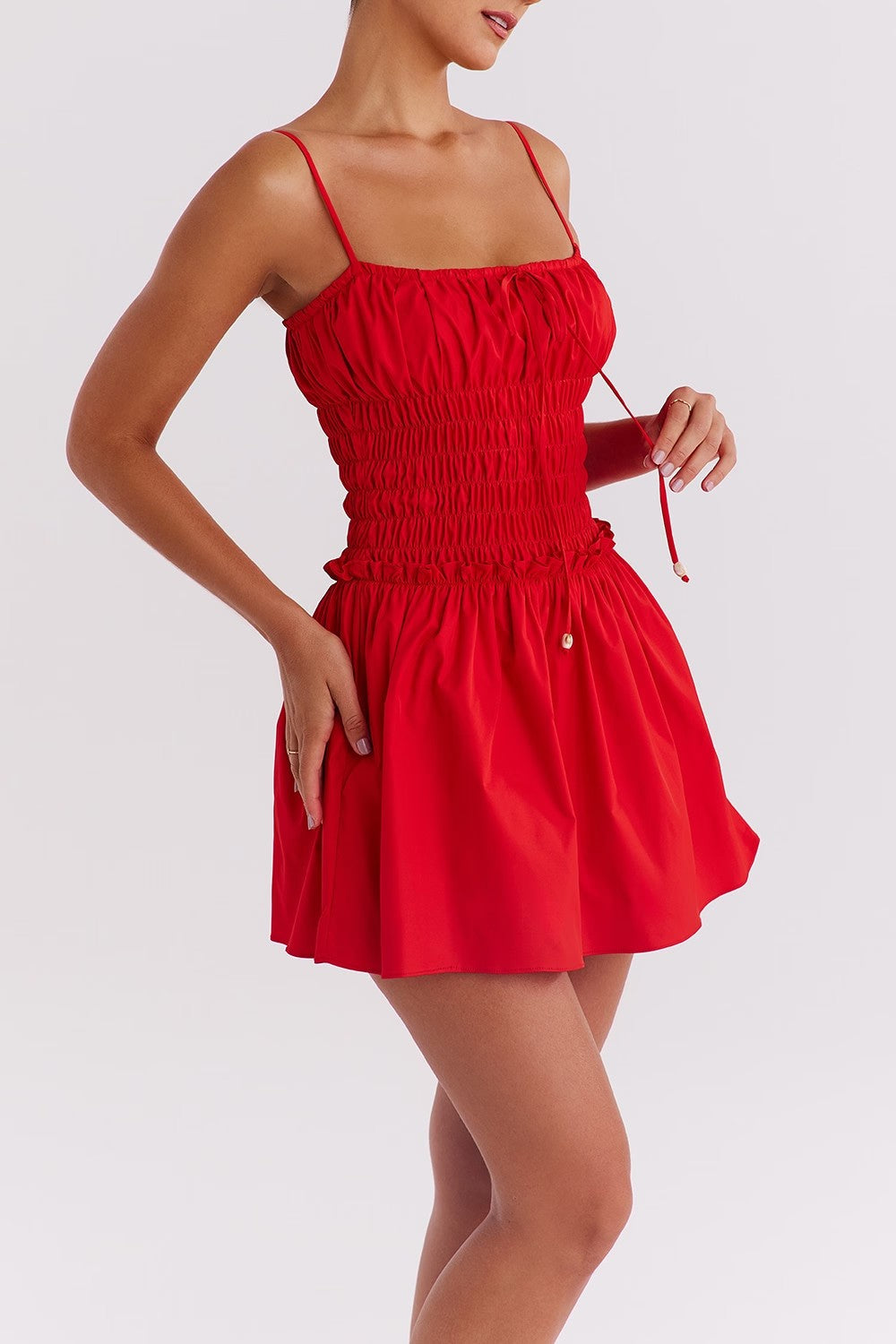 Red Smocked Mini Dress with Tie Waist | Summer Sleeveless Fit & Flare | noémi