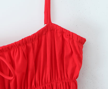 Red Smocked Mini Dress with Tie Waist | Summer Sleeveless Fit & Flare | noémi