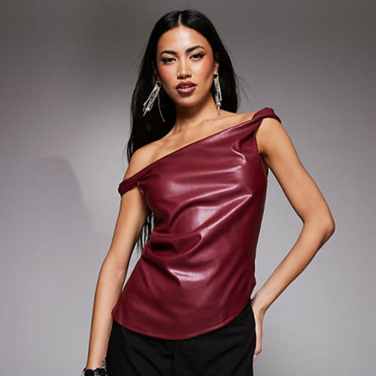 Womens Sleeveless Faux Leather One Shoulder Vest | noémi
