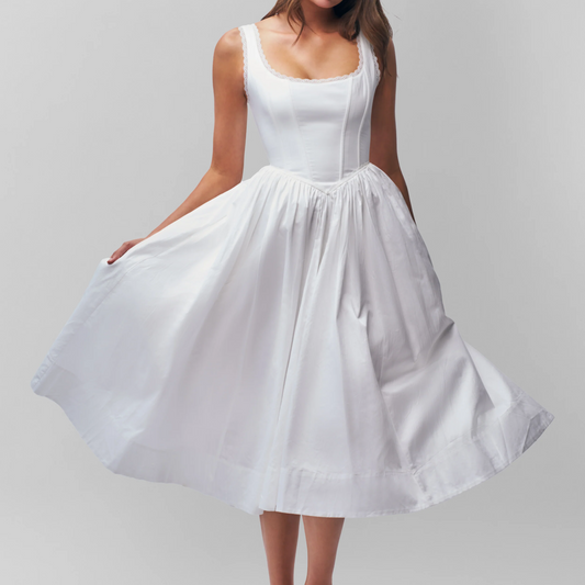 White Corset Back Fit & Flare Midi Dress | Vintage Sleeveless Cotton Sundress | noémi