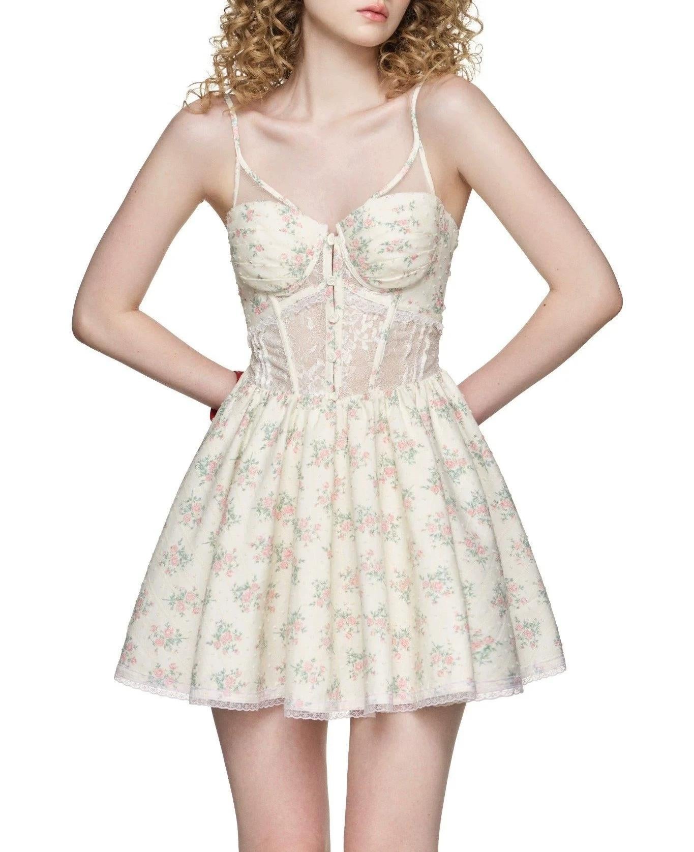 Lace Embroidered Corset Dress | Floral Print Boning Detail Waist Cinching Fit Spaghetti Straps | noémi