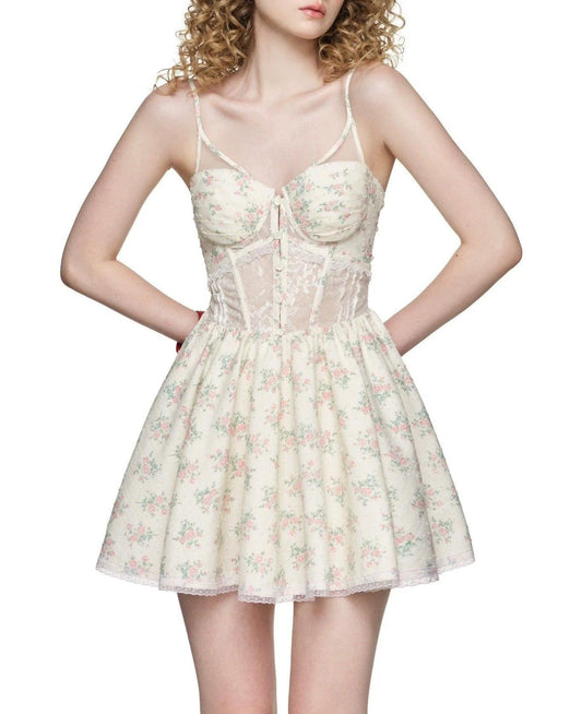 Lace Embroidered Corset Dress | Floral Print Boning Detail Waist Cinching Fit Spaghetti Straps | noémi