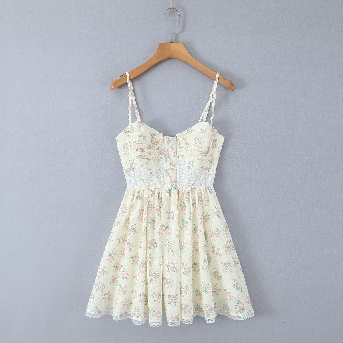 Lace Embroidered Corset Dress | Floral Print Boning Detail Waist Cinching Fit Spaghetti Straps | noémi