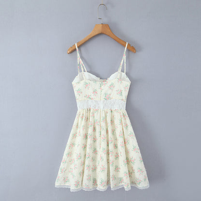 Lace Embroidered Corset Dress | Floral Print Boning Detail Waist Cinching Fit Spaghetti Straps | noémi