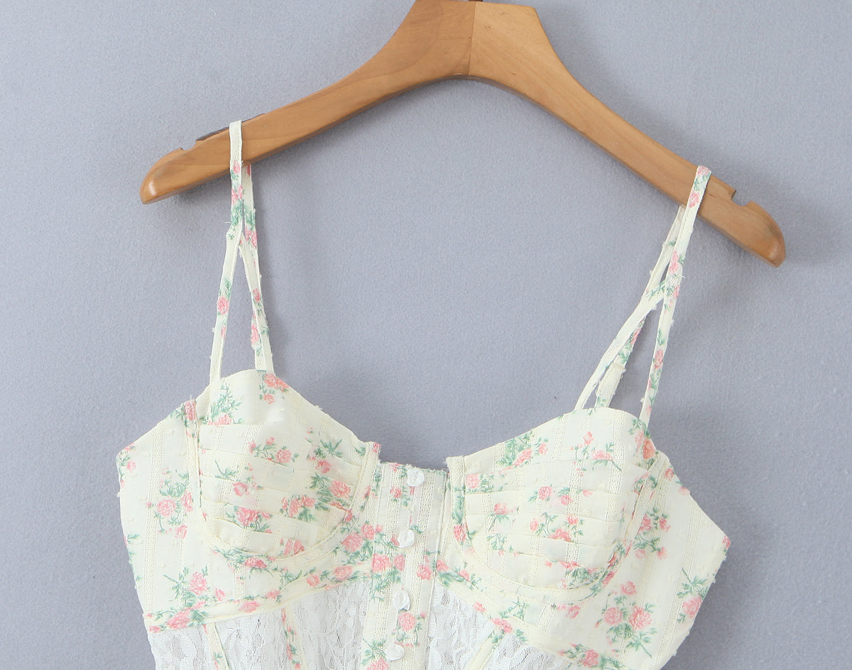 Lace Embroidered Corset Dress | Floral Print Boning Detail Waist Cinching Fit Spaghetti Straps | noémi