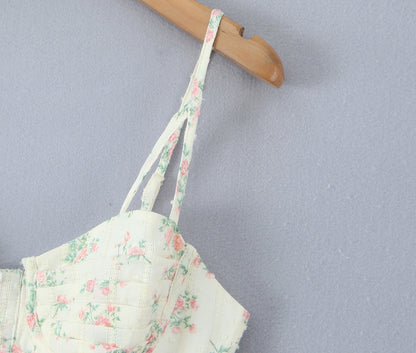 Lace Embroidered Corset Dress | Floral Print Boning Detail Waist Cinching Fit Spaghetti Straps | noémi