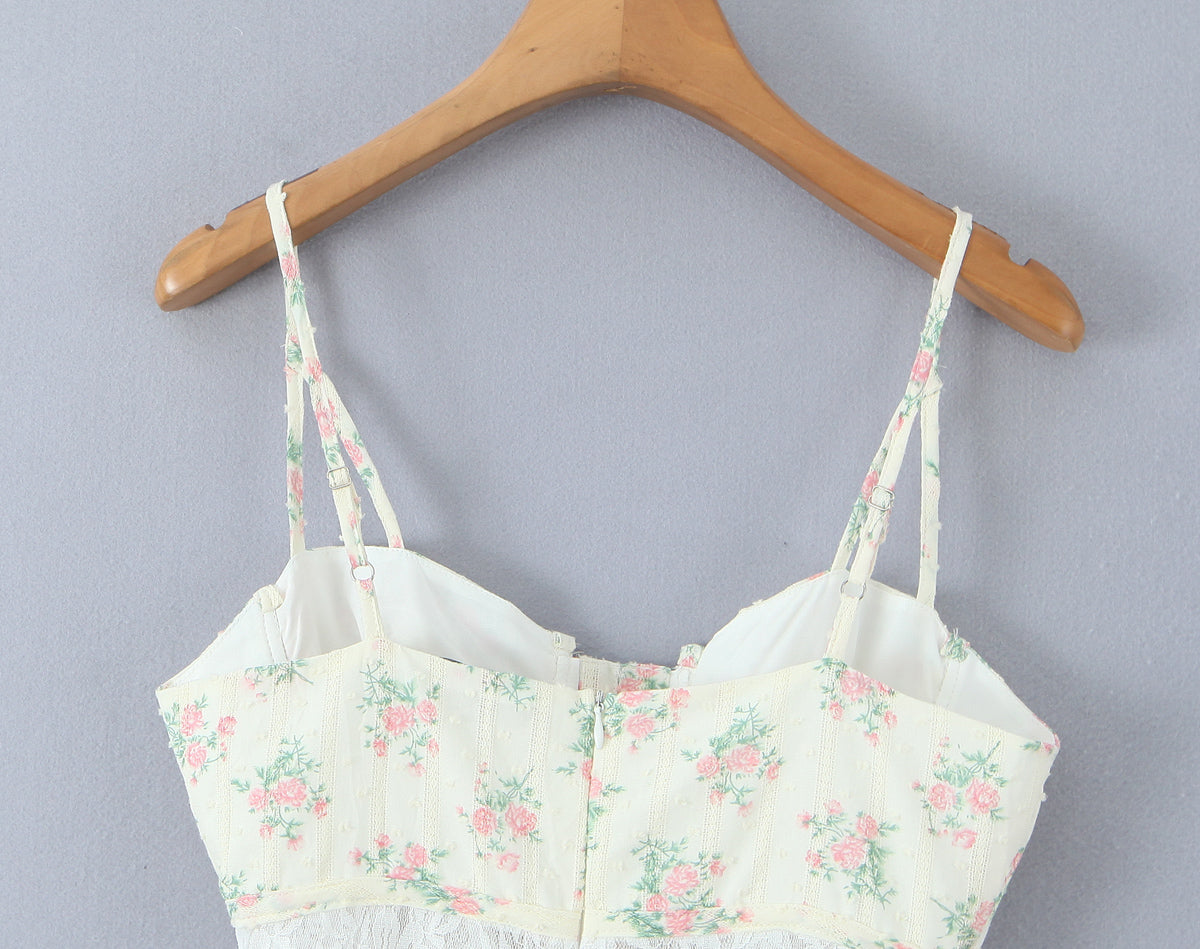 Lace Embroidered Corset Dress | Floral Print Boning Detail Waist Cinching Fit Spaghetti Straps | noémi