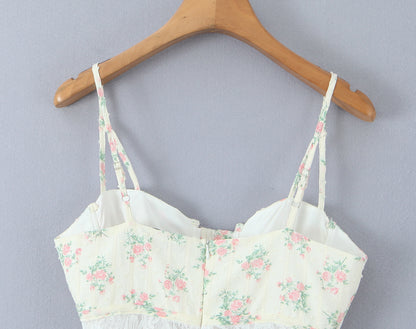 Lace Embroidered Corset Dress | Floral Print Boning Detail Waist Cinching Fit Spaghetti Straps | noémi